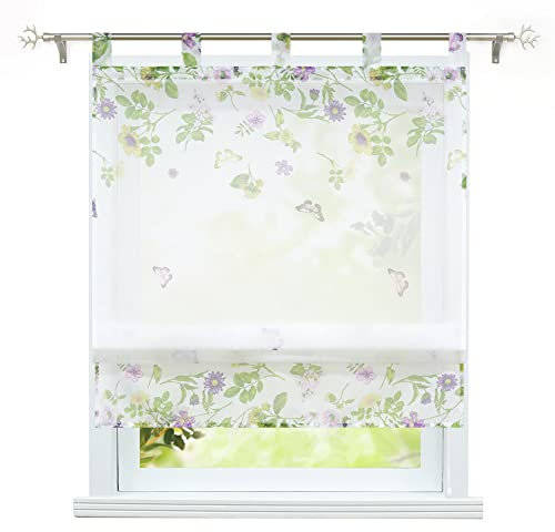 ESLIR Raffrollo mit Schlaufen Voile Gardinen Küche Raffgardinen Transparent Schlaufenrollo Modern Vorhänge mit Schmetterling Muster BxH 140x140cm 1 Stück