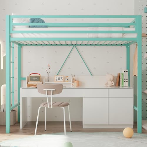 Allewie Metal Loft Bed Twin Size with Guardrail and Ladder, Small Space Saving Design for Bedroom Kid Room and Dorm, No Box Spring Needed, Green