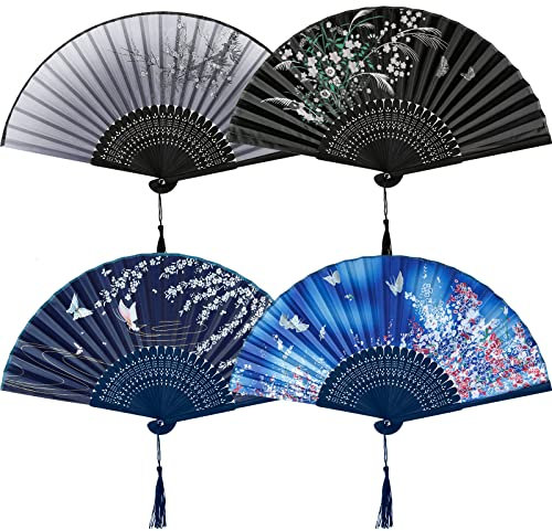 Landifor 4 Stück Faltbare Handfächer Schwarz Faltfächer Chinesische Fächer Bambus Taschenfächer Blumen Motiv Seidenfächer für Kühlung Hochzeit Sommer Party Wanddeko Geschenke