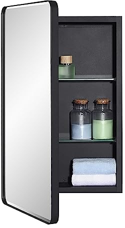 IDYLLOR Black Bathroom Mirror Medicine Cabinet with Round Corner Framed Door and Beveled Edge Mirror 15 x 25 inch, Recessed or Surface Mount, with Adjustable Glass Shelves