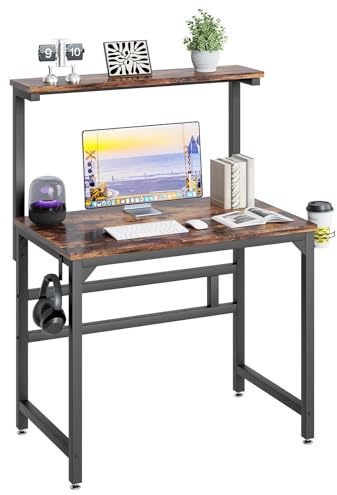TREETALK Computer Desk,80CM Industrial Writing Desk with Height Adjustable Monitor Stand to 5 Position(84.5-120cm), PC Laptop Workstation with Cupholder and Headphone Hook for Home Office