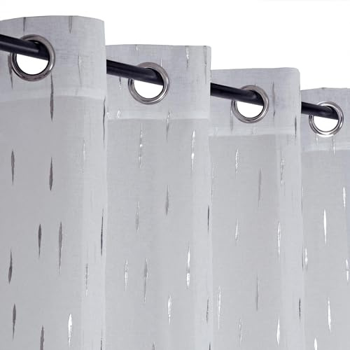 Atout Ciel Rideau Voilage imprimé Argent à œillets 140x240cm prêt à Poser, Blanc