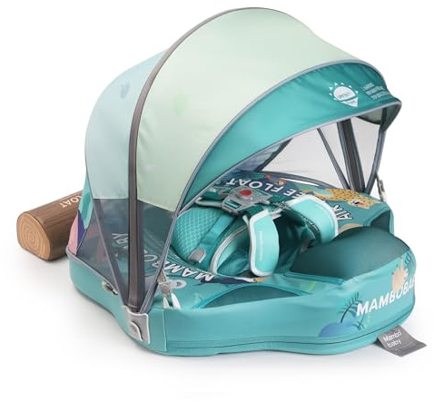 Mambobaby Baby Pool Float with Foldable Canopy, Kalolary Non-Inflatable Baby Swim Float Infant Swim Trainer Ring Toddler Pool Float with Adjustable Strap for 3-24 Months Age Boys Girls (Green Forest)