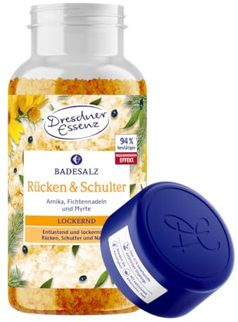 Dresdner Essenz Sali da bagno per schiena e spalle, 600 g, cristalli da bagno per alleviare e allentare schiena, spalle e collo, con arnica, aghi di abete rosso e mirto