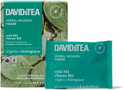 DAVIDsTEA Organic Cold 911 Herbal Tea, Caffeine-Free, 12 Tea Bags – Refreshing Peppermint and Eucalyptus Blend for Soothing Relief and Comfort