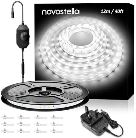 White LED Strip Lights, 12m 6000K Dimmable LED Light Strip for Bedroom | NOVOSTELLA 672 LEDs, 24V Bright Daylight White Flexible Tape Lights, Under Cabinet Rope Lighting for Kitchen Vantiy Mirror
