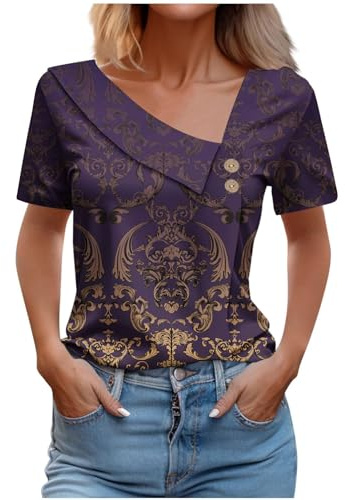 Chemisier Femme Chic Et Élégant avec Boutons T-Shirt Manches Courtes Col V Hauts Polyvalente Décontracté Imprimé Floral Blouse Grande Taille Mode Ample Casual Tops Lache Bureau Travail