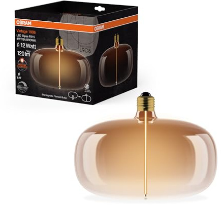 OSRAM Vintage 1906 Big Elipse est une à intensité variabavec un filament en forme d'ellipse. Il propose 4 W pour 120 lm,E27, verre marron thé, diamètre 215 mm, rendu des couleurs CRI 80, 1800 K.