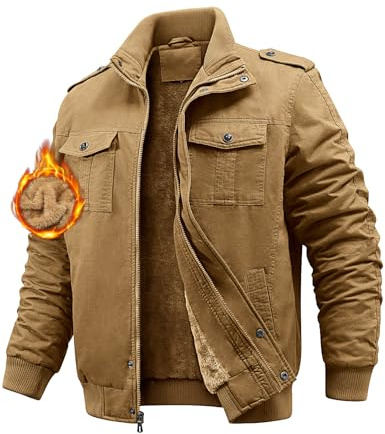 Niwicee Chaqueta Hombre Invierno Militar Cazadora Jacket Forro de lana Chaquetas de Trabajo Con Múltiples Bolsillos Cortaviento Casual Cálida Chaqueta de Algodón (Caqui, L)