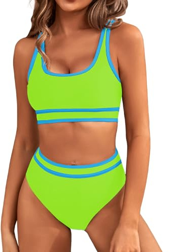 Genfien Bikiniset för kvinnor bikini toppar hög midja botten magkontroll baddräkter utskurna damer baddräkt kostymer vadderade strandkläder, Fluorescerande gul, XXL