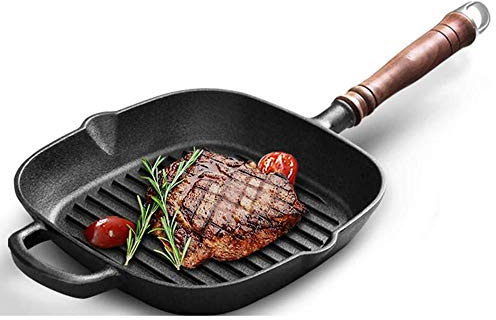HAODUOO Pot, Cast Iron Grill Pan, Fry Pan with Walnut Wood Handle, Easy Grease Draining, for Frying, Saute, Cooking