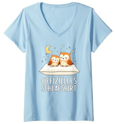 Damen Offizielles Schlafshirt Eule Eulen T-Shirt mit V-Ausschnitt