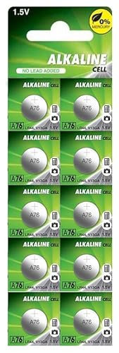 Lot de 10 Piles alcalines LR44 A76, 1,5 V, 110 mAh, sans Mercure, Dimensions : 11,60 x 5,40 mm, idéales pour Les appareils électroniques.