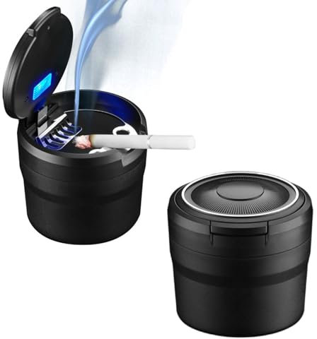 Geoyien Posacenere auto, Posacenere per auto rimovibile facile da pulire con luce a LED con coperchio a scatto, portacenere autoestinguente per auto da campeggio allaperto (2 x Nero)
