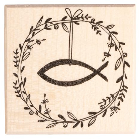 Rayher Stempel Holz, „Festtagskranz mit Fisch“, 6 x 6 cm, Holzstempel zum Gestalten von Karten, Umschlägen, Geschenken, Stempel Kommunion, Butterer Stempel, 29275000