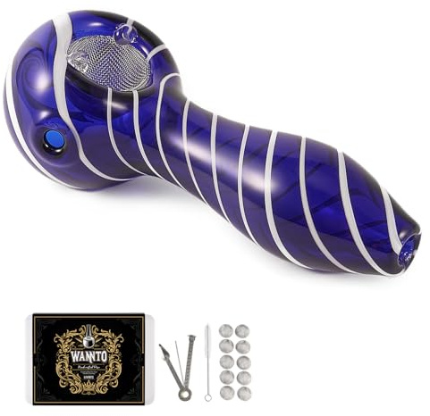 LIVBTS Handcrafted Glass Smoking Pipe,Conical Bowl Heat Resistant,Odourless Includes 10 Filters,Storage Box,Cleaning Brush, and Pipe Scraper Cleaner Set (Striped blue)
