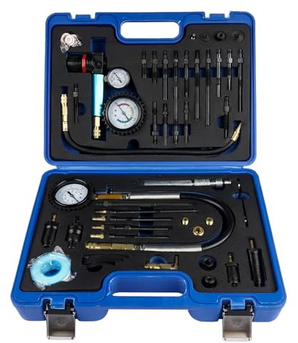 46-tlg Kompressionstester Druckverlust Tester Motoren Prüfer Kompatibel mit Diesel- und Benzinmotoren für die Meisten PKWs, LKWs, Motorräder (Blaue Box) Hopzty