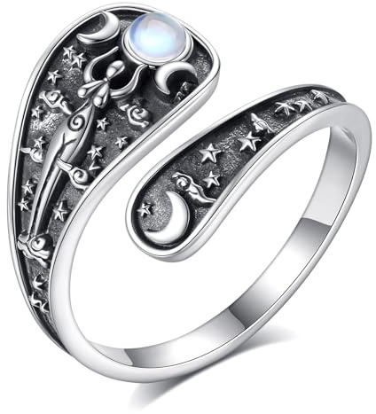 INFUSEU Hecate Triple Moon Goddess Spoon Ring, Gothic spoon Bouge Halloween Christmas Silver Silver 925 Skeleton and Adjustable Spoon Vintage Gifts For Women Men
