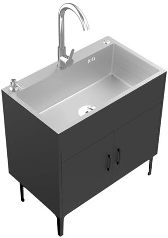 Acier Inoxydable Evier Meuble sous Evier Cuisine Évier de Jardin Extérieur Professionnel avec Chaud Froid Robinet et Support, pour Cuisines, Jardin(Black,50x40x78cm)