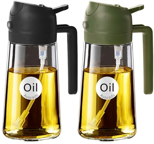 YARRAMATE 16oz/470ml Oil Sprayer for Cooking with Stickers, Food-grade Premium 2 in 1 Olive Oil Dispenser Bottle for Kitchen Gadgets, Salad, Frying, BBQ (Black & OliveGreen) | Olive Oil Dispenser Bottle Glass Bottle Sprayer for Kitchen Black Olive Green
