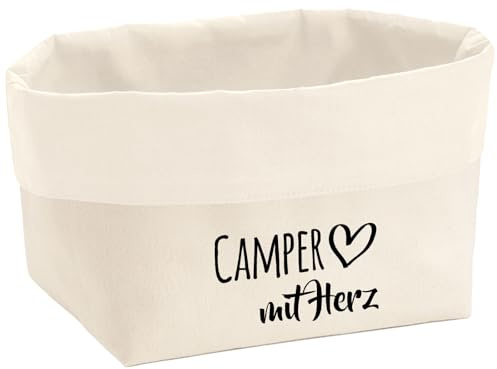 Huuraa Organizer Camper mit Herz Geschenk | 8 Liter Körbchen Beige Large Canvas Baumwolle Utensilo Dekoration Badkörbchen Stoff Aufbewahrungskorb