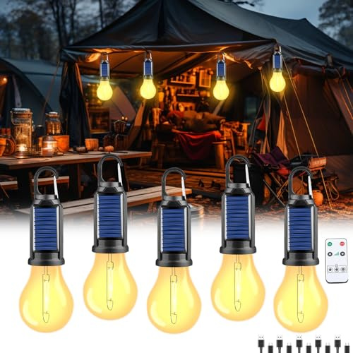 Campinglampe Aufladbar Solar LED Campinglampe | Solar Glühbirnen für Draußen | Helligkeit einstellbar Zeltlampe | 3 Leuchtmodi | Wasserdichte Solarglühbirne Outdoor (Sphärisch 5er-Pack)