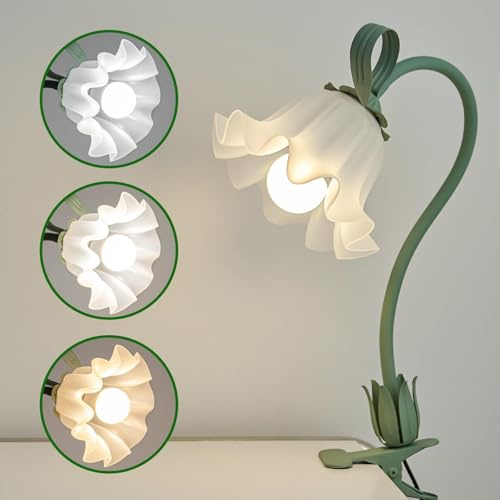 Fandery Blumen Tischlampe mit Klemmung, 3 Farbmodi - Augenschonende Schreibtischleuchte mit Clamp, Bürolampe & Studentenlampe für Schlafzimmer, Bücherregal