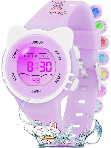 Juboos Orologio Bambina,con Cinturino Stampato e 7 Luci Colorate,Orologio Digitale Impermeabile per Bambini con Orecchie da Gatto per Ragazzo e Ragazza da 4 a 12 Anni (Violetta chiara)