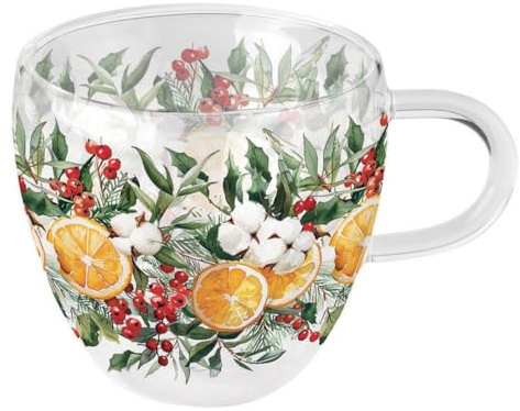 Ambiente Teetasse Tasse für Heissgetränke Glas Borosilikat doppelwandig 0,2L Winter Orangen Zweige Advent Weihnachten