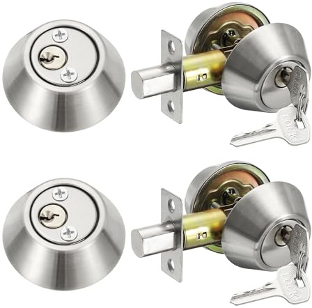 sourcing map Keyed Alike Double Cylinder Deadbolt Door Lock Round Entry Both Side Door Lock for Door Thickness 1.2-2 Inch (Silver Tone, Pack of 2)