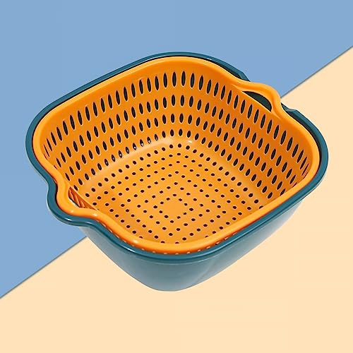 Fiesto de la cocina Juego de tazón de colador, cesta de lavado de vegetales Drenaje de doble capa suspende rápidamente el colador de frutas multifunción con mango lateral para la (azul y amarillo)