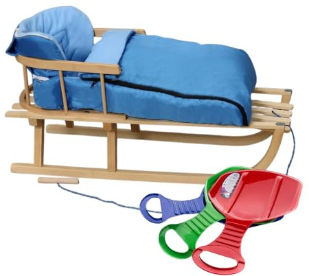 BirnePower Holzschlitten 90cm mit Rückenlehne und Winterfußsack 90cm oder 108cm Komplettset inkl. Zugseil & Gurt, Rodelschlitten aus Buchenholz