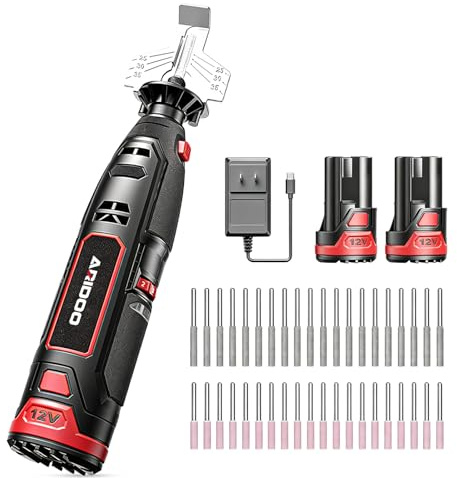 Kit d'affûtage électrique pour tronçonneuses, 2 batteries + chargeur. Outil à grande vitesse avec 20 têtes céramique & 20 meules diamantées, adapté à toutes les chaînes.