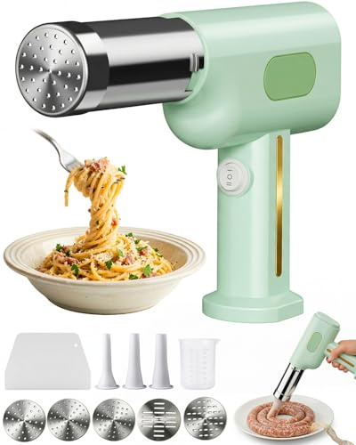 Macchina per la pasta, macchina elettrica portatile per pasta, riempitrice per salsicce, macchina per noodle senza fili all-in-one, con stampi per modellare gli accessori (verde)