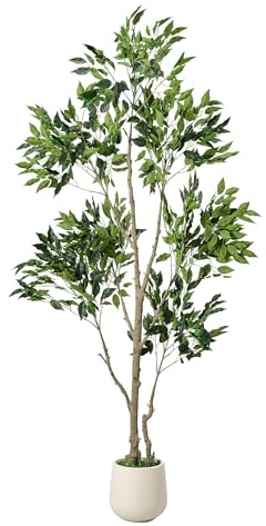 ZKIODV Konstgjord växt, fikusträd med vit kruka, konstgjorda växter äkta med stam av naturligt trä och blad, konstgjort träd som äkta för vardagsrum sovrum kontor dekoration, Ficus E 180 cm