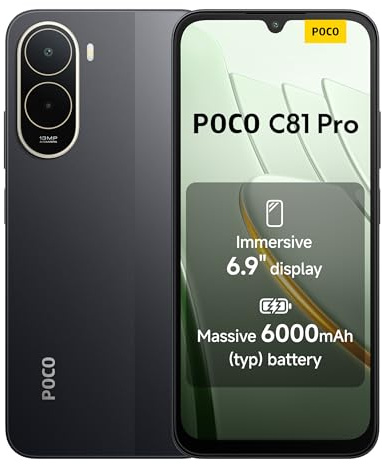XIAOMI POCO C81 Pro Smartphone 4+256 GB, Batería de 6000 mAh, Pantalla inmersiva de 6,9, Teléfono con diseño Elegante y Refinado, Cámara Dual AI de 13 MP, Negro, 1 año de garantía Adicional