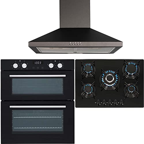 SIA Double Built Under Electric Fan Oven, 5 Burner Gas Hob & Chimney Cooker Hood