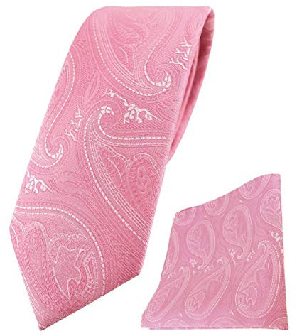 TigerTie schmale Designer Krawatte Designer Einstecktuch in rosapink silber Paisley gemustert - Krawattenbreite 6 cm