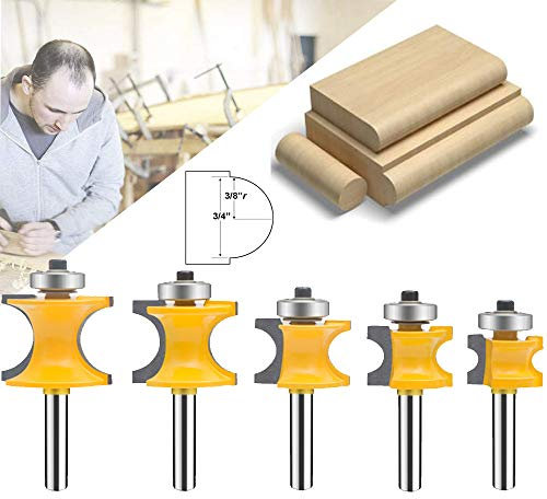 MAYLNE 1/4 Router Bits Set Woodworking Cutter 5PCS, Half Round Bearing Bullnose Milling Cutter Tools, Carbide Tipped Round Edge Cutting(Y-BY8)