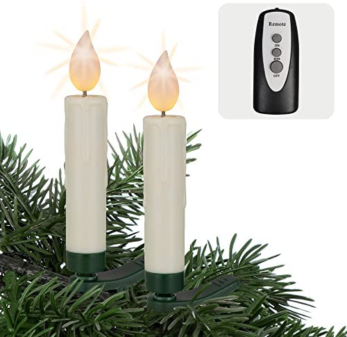 hellum LED Weihnachtsbaumkerzen kabellos, 12x warmweiß LED Kerzen mit Fernbedienung + Timer, batteriebetriebene 10x1,5cm Christbaumkerzen ohne Kabel, dimmbar mit Flackermodus, Wachstropfen 524796