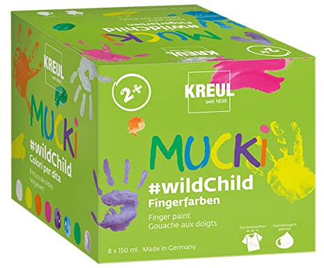 KREUL 2305 - Mucki Fingerfarben Premium Set Wild Child, 8 x 150 ml Farbe in Weiß, Gelb, Orange, Pink, Zauber-Lila, Diamanten-Blau, Grün, Drachen-Silber, auf Wasserbasis, für Kinder ab 2 Jahren