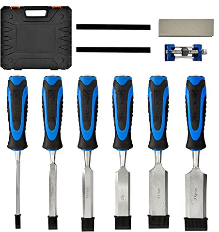 Wood Chisels Set 6PCS, 38mm, 32mm, 25mm, 19mm, 13mm, 6mm Chisel Sharpening Kit, Chrome Vanadium Steel Wood Chisels Set with Sharpening Stone, Honing Guide and 2 Pencils for Woodworking