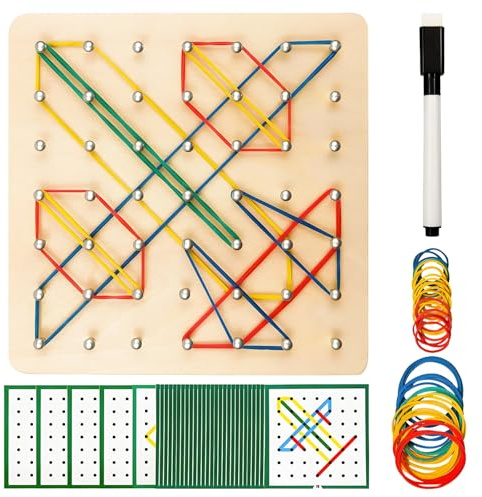 Wooden Montessori Toys, Wooden Geoboard with Activity Pattern Cards and Rubber Band – Pegboard Pins with Montessori Rubber Band Puzzle Shapes Imagination and Creativity of the Child