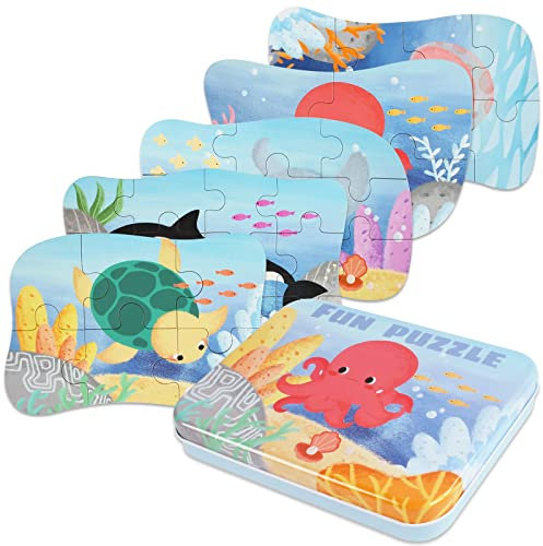 EKKONG Kinderpuzzle, 5 Bilds Meerestier Holzpuzzle für Kinder, Holzpuzzle ab 3 4 5 Jahren, Montessori Spielzeug Puzzle, Geschenk für Jungen Mädchen