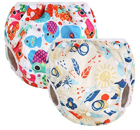Vicloon Pannolino da Nuoto, 2PCS Pannolini Lavabili Pannolini da Nuoto, Costume Piscina Regolabile Riutilizzabile Costumi per Bambini, Impermeabile Pannolino Piscina, Animali Colorati e Sole Giallo