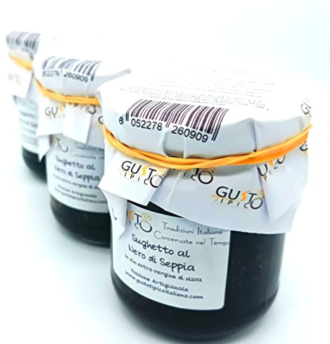 Sughetto al Nero di Sepia- Tris di Salghi da 180 gr - Ottimo per Arroz o Pasta - Listo solo para calentar 2 minutos - Con un tarro si condimentan circa 3 Porzioni di Pasta o Arroz