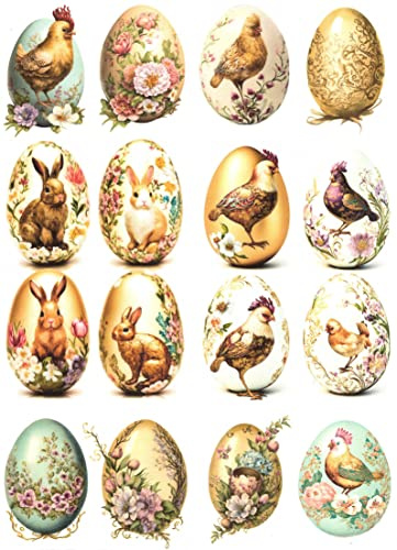 Josys Bastelmärchen Reispapier A4 Strohseide Decoupage Ostern Ostereier Hasen Hahn Blumen RE1960