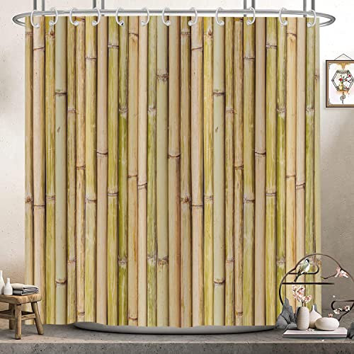 Hnmdmyi Cortina de Ducha bambú 180x200, Zen Japonés Natural Bambú Planta Rústico Cortina de Baño Tejido Poliéster Impermeable Lavable para Baño con Ganchos