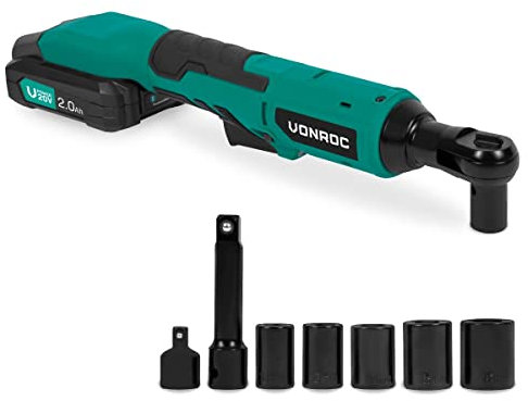 VONROC Llave de carraca inalámbrica - 20V - 50Nm - 3/8 - incl. juego de 8 vasos - Incl. batería 2.0Ah y cargador