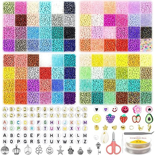 HYHJMISTY 12000PCS 4mm Perlen Set, Perlen für Armbänder, Glasperlen zum Auffädeln, Glasperlen Kit mit 300pcs Buchstabenperlen＆Böse Augen Perlen, Perlenset für DIY Armband Schmuckherstellung